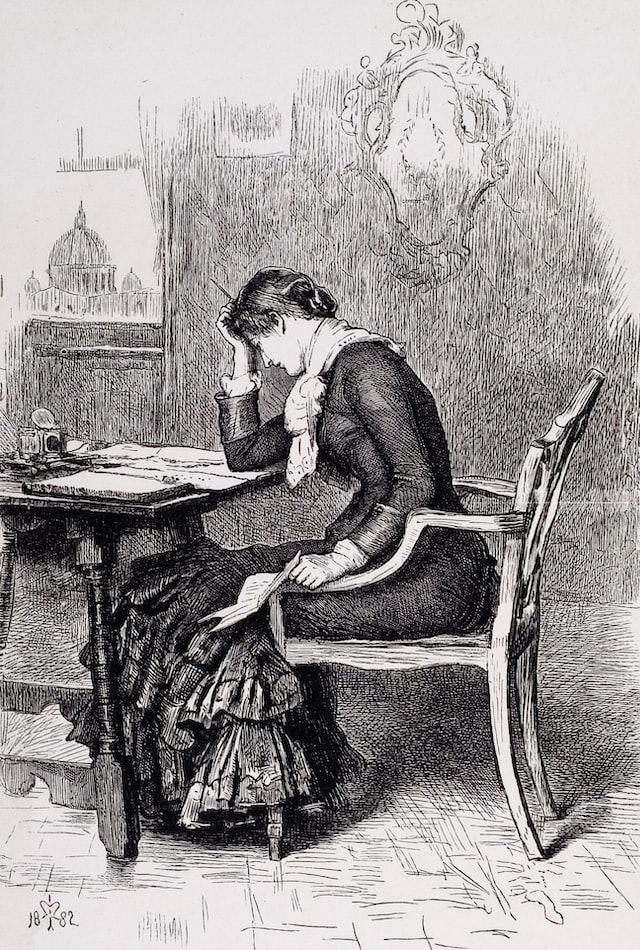women sitting on chair reading book sketch photo